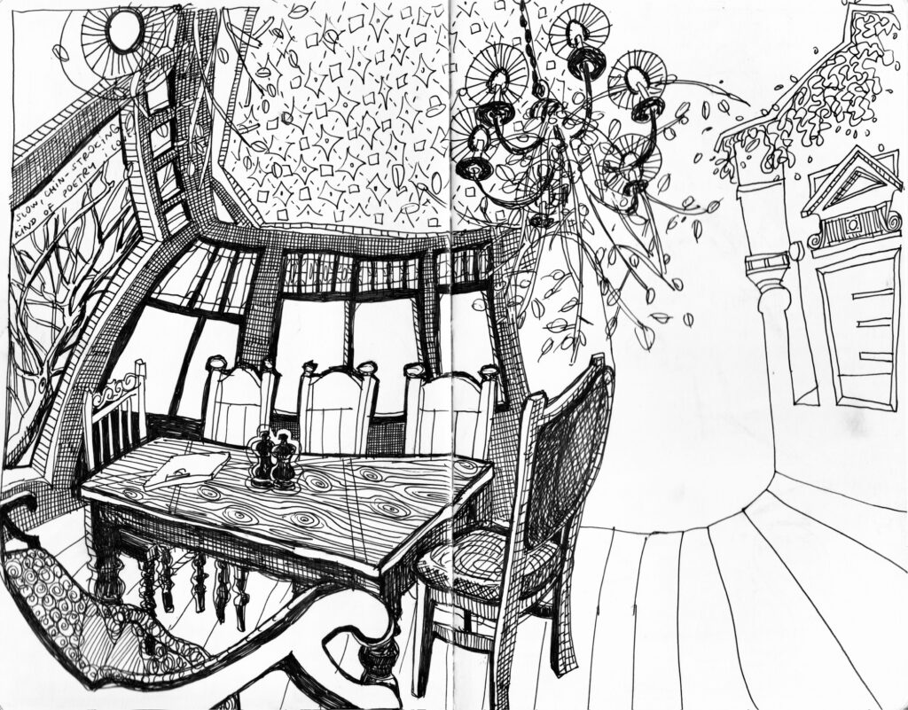 A black and white illustration captures a dining space with exaggerated perspective.