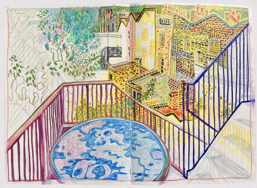 An illustration of a city balcony overlooks rooftops made of patterned bricks.