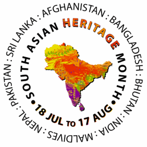 Colourful map of South Asia surrounded by text listing countries and dates for South Asian Heritage Month: 18 Jul–17 Aug.